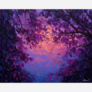 violet forest painting, lavender canopy, dusk forest art, purple woodland decor, palette knife texture, atmospheric forest scene
