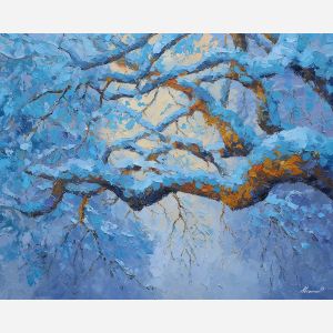 blue forest painting, frosted oak trees, winter woodland, icy landscape decor, palette knife oil painting, textured cold forest