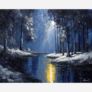 moonlit forest, night woodland painting, silver trees, palette knife night art, textured dark forest, moody nature decor