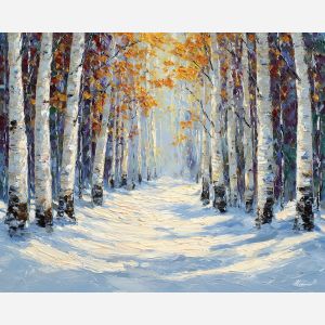 birch forest painting, snowy path art, winter woodland, white tree trunks, palette knife winter, textured cold landscape