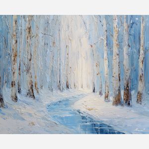 frozen forest painting, white winter woods, icy blue landscape, palette knife winter, textured cold forest art