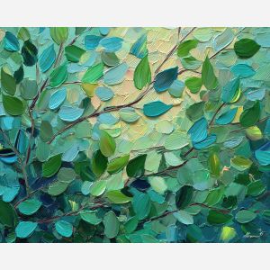 jade forest painting, green glow art, sunlit leaves, palette knife nature, textured forest artwork, vibrant woodland decor