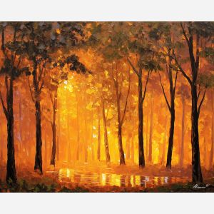 orange forest painting, rainy woodland art, warm light forest, palette knife oil painting, textured nature artwork