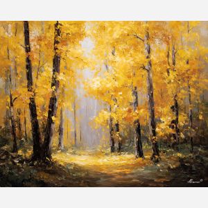 golden forest painting, soft light woodland, warm forest decor, palette knife oil painting, textured nature scene