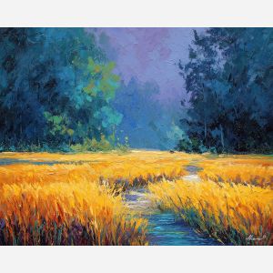 marsh forest painting, amber grass art, warm nature decor, palette knife oil, textured woodland landscape
