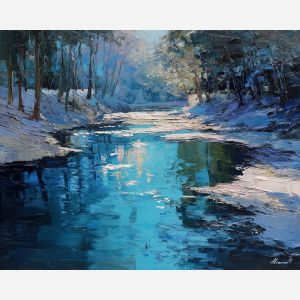 blue creek painting, forest stream art, soft blue water, woodland decor, palette knife oil painting, textured water landscape
