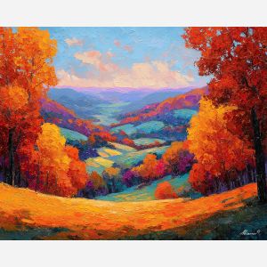 autumn valley, forest hills painting, red orange trees, fall landscape, palette knife texture, seasonal forest art