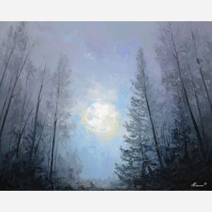 moon forest painting, night woodland art, silver moonlight, moody forest decor, palette knife oil painting, textured night landscape