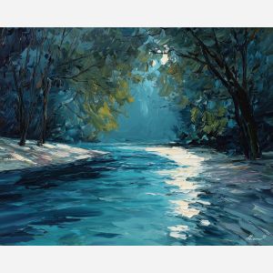 teal river painting, forest water art, blue shadow landscape, palette knife oil, textured forest artwork, woodland creek decor