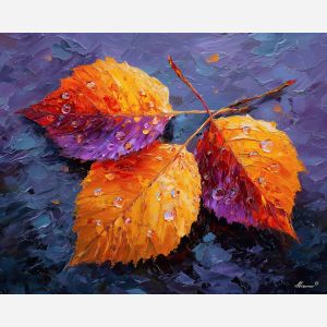 after rain forest, wet autumn leaves, orange red woods, palette knife fall, textured woodland painting