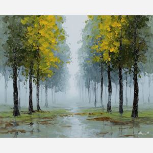 fog forest painting, gray mist woodland, moody forest art, palette knife oil painting, soft nature decor