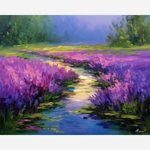 violet forest painting, purple stream art, lavender water reflections, palette knife creek, textured woodland landscape