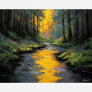 golden stream painting, moss forest art, warm landscape decor, palette knife artwork, textured oil painting, forest water scene
