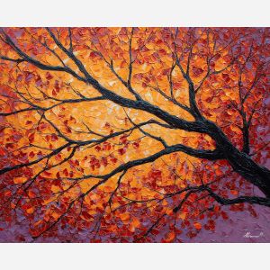 auburn forest painting, red brown leaves, amber sky landscape, autumn ridge decor, palette knife oil, textured woodland art