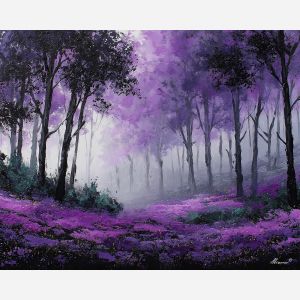 purple fog painting, lavender forest, misty woods, moody landscape, palette knife forest, textured oil art, atmospheric landscape decor