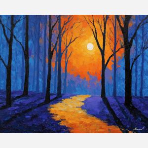 blue sunset forest, orange sky landscape, forest silhouettes, palette knife oil painting, vibrant forest decor