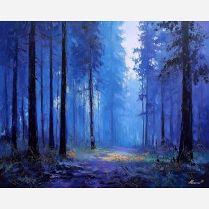blue forest painting, twilight landscape, cobalt woods, moody forest art, palette knife painting, textured trees, cool tone decor, nature wall art, atmospheric woodland