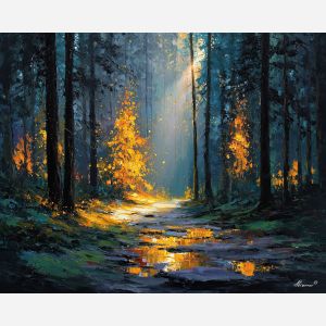 forest light painting, golden woodland glow, moss forest floor, palette knife oil painting, textured nature art