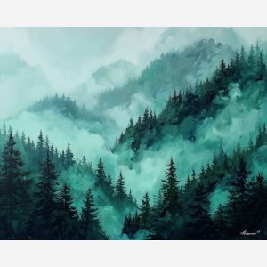 emerald fog, teal forest, green mist mountains, pine silhouettes, misty landscape, sea-green haze, mountain pass, mint foglight, cool gray peaks, atmospheric forest, emerald tones, mist layers, textured greenery, palette-knife mountains, foggy scenery, forest depth, green horizon, mystic landscape, teal mountain scene, deep green forest