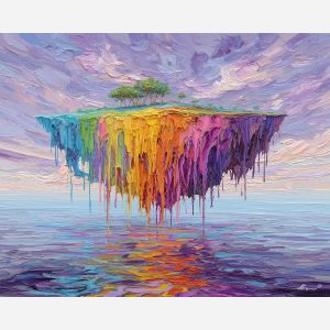 floating island, surreal sky, rainbow roots, lavender clouds, turquoise grass, color waterfalls, glowing roots, surreal world, pink sky, crystalline trees, luminous landscape, sky island, vibrant surrealism, fantasy clouds, atmospheric glow, cosmic colors, palette-knife surreal, dream world art, ethereal scene, floating world