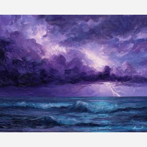 violet storm, purple sky, indigo ocean, crashing waves, lavender clouds, plum stormlight, dark seascape, white foam water, textured waves, electric sky, turbulent sea, deep blue water, moody seascape, purple highlights, atmospheric storm, ocean drama, storm horizon, palette-knife sea, expressive ocean art, intense sky palette