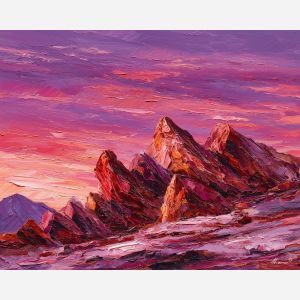 ruby sunset, crimson sky, magenta horizon, red rocks, garnet light, fiery ridge, warm landscape, raspberry clouds, textured cliffs, plum shadows, maroon highlights, sunset ridge, red light landscape, dramatic sky, palette-knife rocks, deep red tones, mountain sunset, bold red scenery, vivid horizon, fiery magenta glow