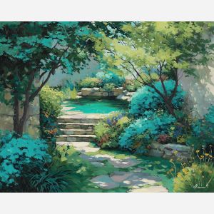 turquoise garden, jade foliage, mint leaves, teal flowers, aqua plants, green sanctuary, lush greenery, textured vines, cool color garden, teal nature scene, turquoise haven, palette-knife leaves, luminous foliage, soft sunlight garden, layered greens, oasis tones, glowing plants, aqua botanical scene, peaceful garden, refreshing colors