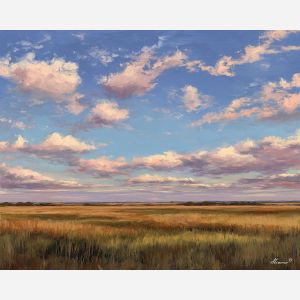 opal sky, pastel clouds, pink horizon, soft blue sky, prairie field, tall grass, olive tones, lemon-green grass, gold highlights, open landscape, pearly light, mint sky glow, textured grass, serene prairie, pastel scenery, palette-knife sky, soft horizon colors, airy landscape, gentle wind field, mother-of-pearl sky