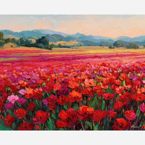 crimson flowers, red wildflower field, cherry blossoms, scarlet meadow, magenta petals, rose tones, floral landscape, bright red blooms, warm sunlight field, textured flowers, vibrant meadow, palette-knife petals, rolling green hills, peach sky, coral horizon, bold color landscape, red nature scene, radiant bloom field, floral impressionism, rich reds