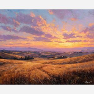 golden sunset, amber sky, rolling hills, ochre fields, warm landscape, pastel horizon, evening light, sienna earth tones, glowing clouds, textured brushstrokes, soft lavender mist, wildgrass field, radiant sky, luminous sunset, gold-toned hills, horizon glow, warm color palette, impressionist sunset, palette-knife texture, atmospheric landscape