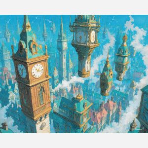 floating clocktowers, surreal city, pastel skyline, golden light ribbons, teal buildings, rose architecture, time particles, drifting towers, surreal metropolis, bending shadows, glowing dust, time currents, fantasy cityscape, dreamlike structures, sky towers, surreal architecture, palette-knife city, cosmic atmosphere, surreal time world, levitating towers