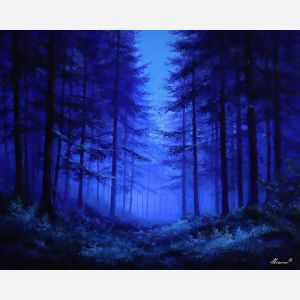 indigo forest, midnight blue sky, ultramarine trees, blue-violet tones, night landscape, silver highlights, misty forest, moonlit woods, textured night scene, deep blue shadows, nocturnal palette, celestial glow, navy gradients, cool-toned forest, palette-knife night, ethereal atmosphere, blue mist, dreamy forest night, violet accents, mystical woodland