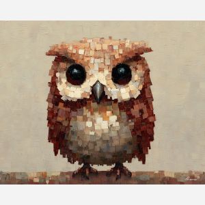 pixel owl, minimal bird sprite, brown cream blocks, tiny owl icon, low-res animal, simplified eyes, pixel perch, woodland pixel style, geometric bird shape