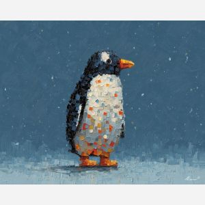 pixel penguin, minimal bird sprite, micro animal icon, black white blocks, orange beak pixel, low-res penguin, simple pixel shape, winter pixel theme