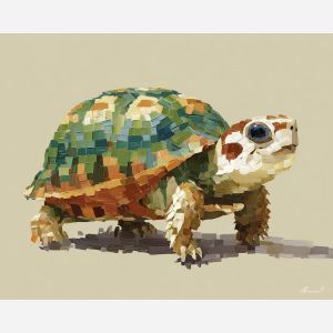 pixel turtle, minimal reptile sprite, green brown blocks, round shell pixel, tiny animal icon, low-res turtle, simplified creature, geometric shell pattern