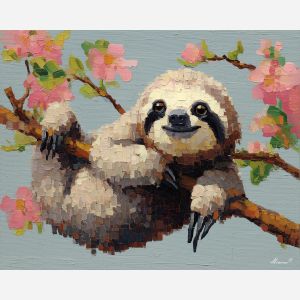kawaii sloth pixel, sleepy animal sprite, hanging sloth, pastel tones, cute blinking eyes, tiny sloth character, chibi creature, minimal pixel design