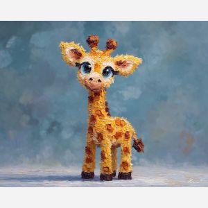 kawaii giraffe pixel, orange spot sprite, long neck chibi, big blinking pixel eyes, cute giraffe icon, pastel tones, adorable animal art, tiny creature