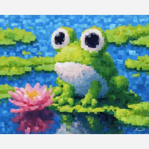 kawaii frog pixel, neon green animal, chibi frog, lily pad sprite, big round eyes, cute amphibian pixel, adorable frog art, kawaii animal icon