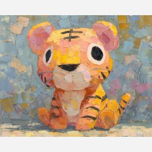 kawaii tiger pixel, pastel orange sprite, cute stripes, oversized pixel eyes, chibi tiger, adorable animal icon, round tiger cub, pastel tones