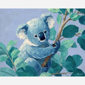 kawaii koala pixel, eucalyptus branch pixel, cute koala sprite, chibi animal, soft blue-gray tones, adorable koala face, tiny pixel hug, cute animal icon