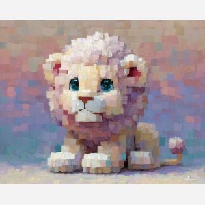 kawaii lion pixel, pastel lion cub, blocky mane, huge pixel eyes, adorable animal sprite, chibi lion design, soft color palette, cute creature icon