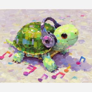 kawaii turtle pixel, turtle listening to music, pixel headphones, musical notes sprite, adorable turtle character, chibi animal music