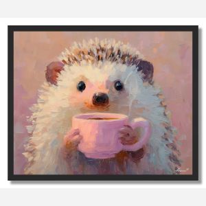 KAWAII HEDGEHOG DRINKING HOT COCOA - FRAMED