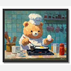 KAWAII BEAR COOKING BREAKFAST - FRAMED