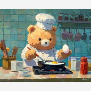kawaii pixel bear, cooking breakfast, tiny egg pixel, chibi bear chef, morning routine pixel art, cute cooking scene, adorable animal activity