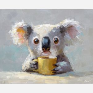 kawaii pixel koala, drinking coffee, sleepy morning sprite, cute mug pixel, pastel koala character, morning routine animal