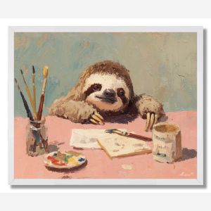 KAWAII SLOTH WORKING AT DESK - FRAMED