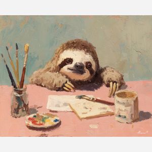 kawaii sloth pixel, working sloth, tiny desk sprite, micro notepad, sleepy pixel eyes, adorable work habit, pastel office scene