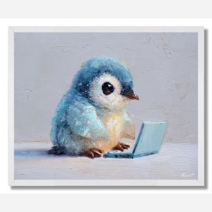 KAWAII PENGUIN WORKING ON LAPTOP - FRAMED