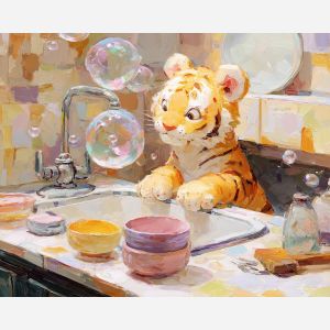 kawaii tiger pixel, washing dishes, pixel sink, soap bubbles sprite, pastel tiger cub, cute chore, adorable domestic scene, chibi tiger cleaning